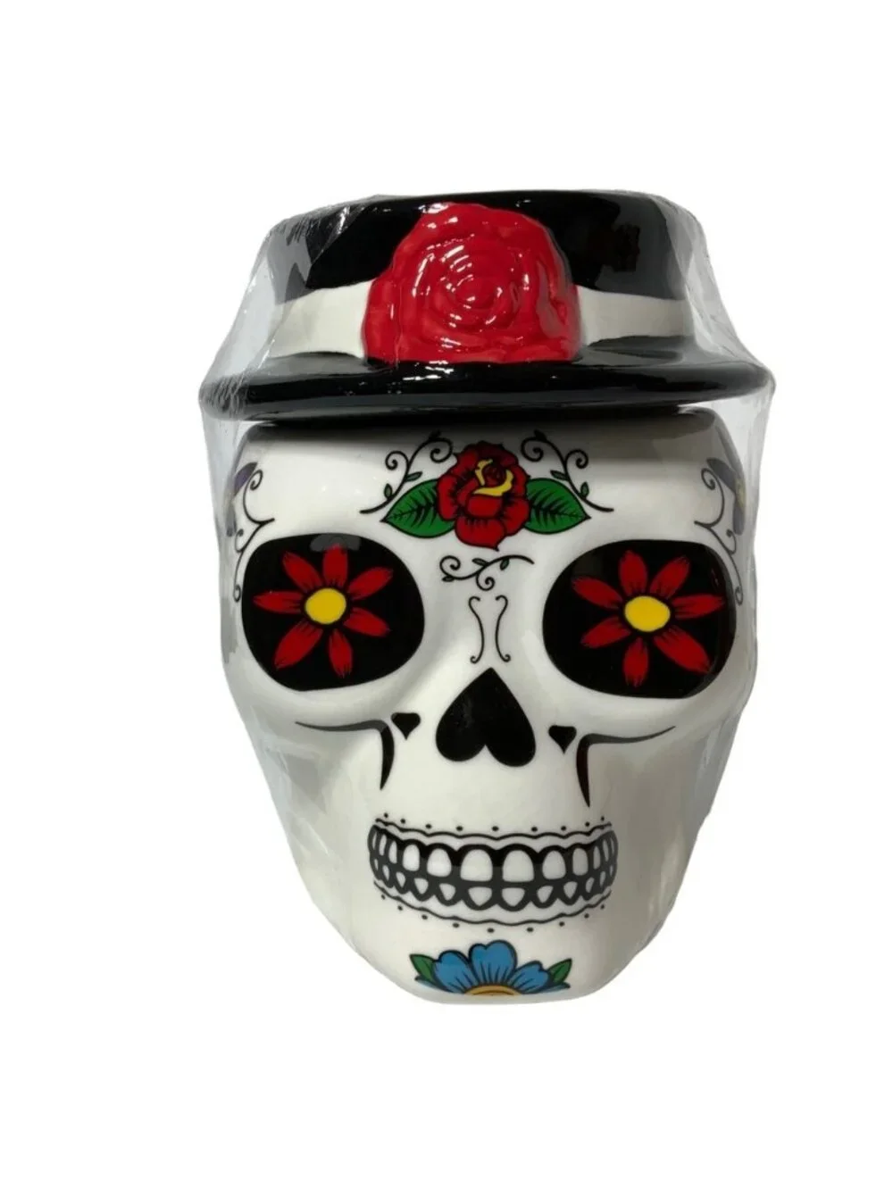 Canister Jar Sugar Skull Ceramic Hand Painted With Lid Colorful Multicolor White